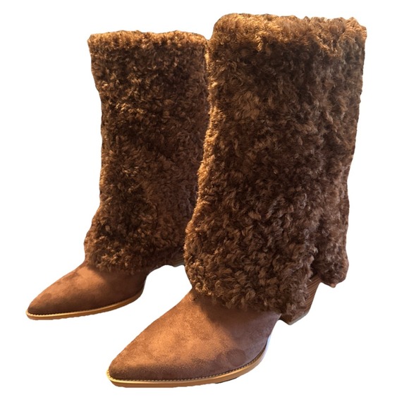 hiclotsa Shoes - NWOB HICLOTSA Women's Brown Faux‑Fur Shaft Block Heel Boots Size‎ 7.5